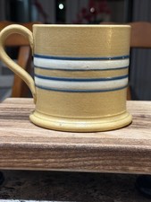 Rare Antique Yellow Ware Mug Banded White Blue Stoneware Pottery Tankard Mint picture