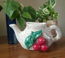Vintage Teapot Shaped Ceramic Wall Pocket Planter with Applied Cherries picture