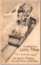 1917 GREETINGS from LUNA PARK CLEVELAND OHIO COUPLE on TOBOGGAN COMIC POSTCARD picture