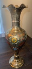 Antique 17.5 In Hand Etched Painted Brass Floral Vase Ruffled Edge picture