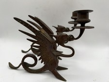 Set VTG Brass Candle Holder Mythical Dragon 9x6 EUC Fantasy Magic Collectible picture