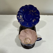 Vintage Leneige Crown Porcelain Blue, Gold & Pink Gilt Teacup Saucer No Chips picture