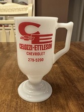 Vintage Celozzi-Ettleson Chevrolet Elmhurst,IL Milk Glass Pedestal Mug 1976 Prom picture