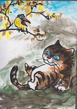 LinLi888 Lin Li Art ACEO Original Acrylic Painting Cat Bird 26092302 picture
