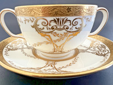 Antique Old MINTON Mark Raise Gold Encrust Scroll Hand Paint Bouillon Cup Saucer picture