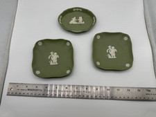 3pc Vtg Wedgwood Sage Green Jasperware Lot: 2 Square Cherub Plates & 1 Oval Tray picture