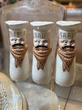 Vintage Jesse Chef Salt Pepper Garlic Shakers Set Mustache Figural Ceramic Japan picture