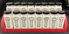 Vintage Griffith's Milk Glass Spice Jars Set of 16 w/ Wood Metal Rack & Lids picture