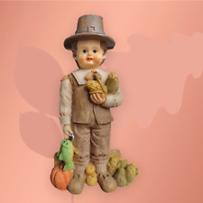 Pilgrim Boy Resin Figurine W/ Pumpkin, Fish, Veggies, Fall Harvest Thanksgiving picture