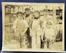Vintage old found photo 1910's B&W Five Boys Caps Overalls American Flag Group picture