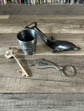 4 Vtg Barware Metal Lot Dolphin & Venetian Key Bottle Openers Hearst Castle Shot picture