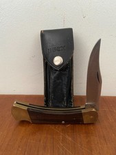 Vintage 1972-74 Buck 110 Wood Brass Pocket Folding Knife With Leather Sheath 70s picture