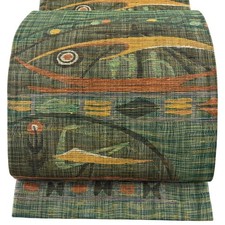 Obi Good ConditionFUKURO OBI Excellent Geometric Gold Silver Threads Green Rokut picture