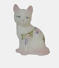 Vtg Fenton Sitting Cat Figurine White Satin Hand Painted Flowers Numbered Signed picture