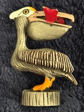 VINTAGE 1980s SPOONTIQUES PEWTER PELICAN FIGURINE Painted Fish In Beak Mini... picture
