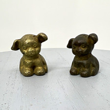 Pair Vintage Solid Brass Puppy Dog Miniature Figurines Heavy Paperweights 1.5