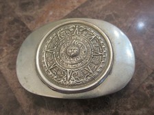 Vintage Nickel Silver Large Mexican Mayan Aztec Calendar Belt Buckle picture