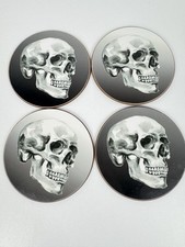 Williams Sonoma Halloween Skull Coasters Set of 4 Cork Skeleton Black Gray picture