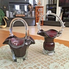 Gorgeous Handblown Dark Red Glass Baskets with Clear Handles. picture