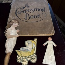 Antique 1909 Composition School Notebook Folk Art Drawings & Paper Dolls Lot picture