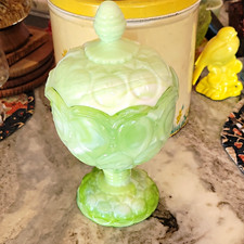 Vintage Kanawha Green/White Slag Glass Lidded Compote *PLEASE READ* Moon & Stars picture