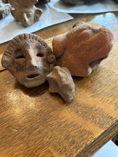 Three Pre-Colombian Mayan Effigies Hard Red Brick Clay. Dog Mask Meso American. picture