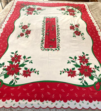 Vtg MCM Printed Christmas Tablecloth Holly Poinsetta Theme Cotton/Poly 68