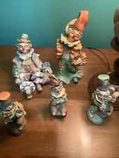 Vtge Set/5 Clowns Signed HECHO a MANO GUZMAN Hand Painted Ceramic 3 - 6”, 2 - 9” picture