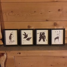 4 native Alaskan framed art pieces eskimo child fishing geese hunter caribou vtg picture