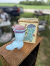 Vintage Avon Blue Glass Fashion Boot Pin Cushion Sonnet Cologne 4 Oz. With Box picture