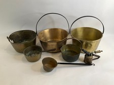 Vintage 7 piece Lot Large Brass Cauldron Pots Ladle Torche Copper Patina picture