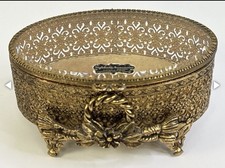 Stylebuilt 24K Gold Plated Jewelry Casket Box w/Glass Lid Hollywood Regency picture