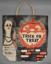 Vintage 1960s Halloween Trick or Treat Paper Bag Child's Name Address Ghost JOL picture