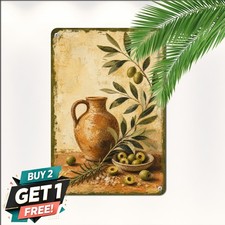 Painterly Green Olives On Branch Mediterranean Decor Plaque Metal Tin Sign 8x12 picture