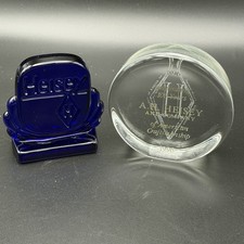 Lot- Collectible Heisey Cobalt Cabochon Display Sign & Clear Heisey Paper Weight picture