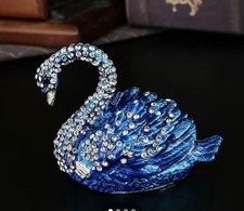 QIFU Hand Painted Blue SWAN Enameled Enamel Jewelry Trinket Box Opens picture