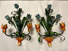 Vtg Italian Toleware Flower Candle Wall Sconces Pair 16x11 Aqua Orange WITH TAG picture
