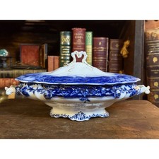 Antique Henry Alcock Manhattan Flow Blue Tureen Lidded Serving Dish Gold Gilt picture
