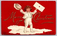 Ellen H Clapsaddle Christmas~Boy In White Suit Waves Cap~Snow~Red Back~Embossed picture