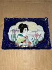 Vintage Hand Painted Rectangular Scalloped Edge Decorative Porcelain Tray picture