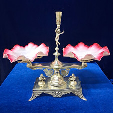 Antique Silver- Plate Figural Centerpiece Epergne w/ Pink Ruffled Glass Bowls picture