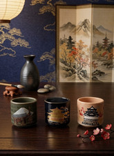 Japanese Ceramic Stoneware Sake Cup Tea Set Of 3 Yunomi Ochawan Barware picture