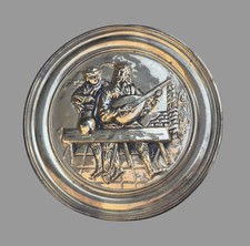 Vintage English Embossed Brass Tavern Scene Wall Plaque Charger 16” England picture