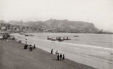Scarborough South Bay Beach Scene Bathing Machines Castle Vtg. Photo 19thC. picture