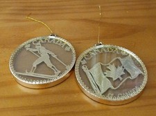 Vtg Canadian Christmas Ornaments Souvenir  Flag & Skier Gold Tone Metal & Glass  picture
