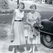 c1950s Two Smiling Women Auto Sedan Travel Luggage Snapshot Photo Deckle Edge 5