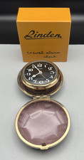 Vintage 1970s Linden Travel Alarm Clock Black Dial Gold Tone Case Japan w/ Box picture