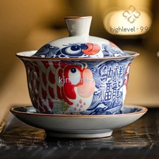 130ml Chinese Blue and White Ceramic Handpainted Fish Gaiwan Tea Tureen Teaware picture