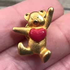 Teddy Bear With Red Heart Gold Tone Lapel Hat Backpack Collectible Pin picture