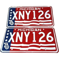 Vtg 1976 Michigan License Plates Matched Set Bicentennial Plate MI 76 NoS Unused picture